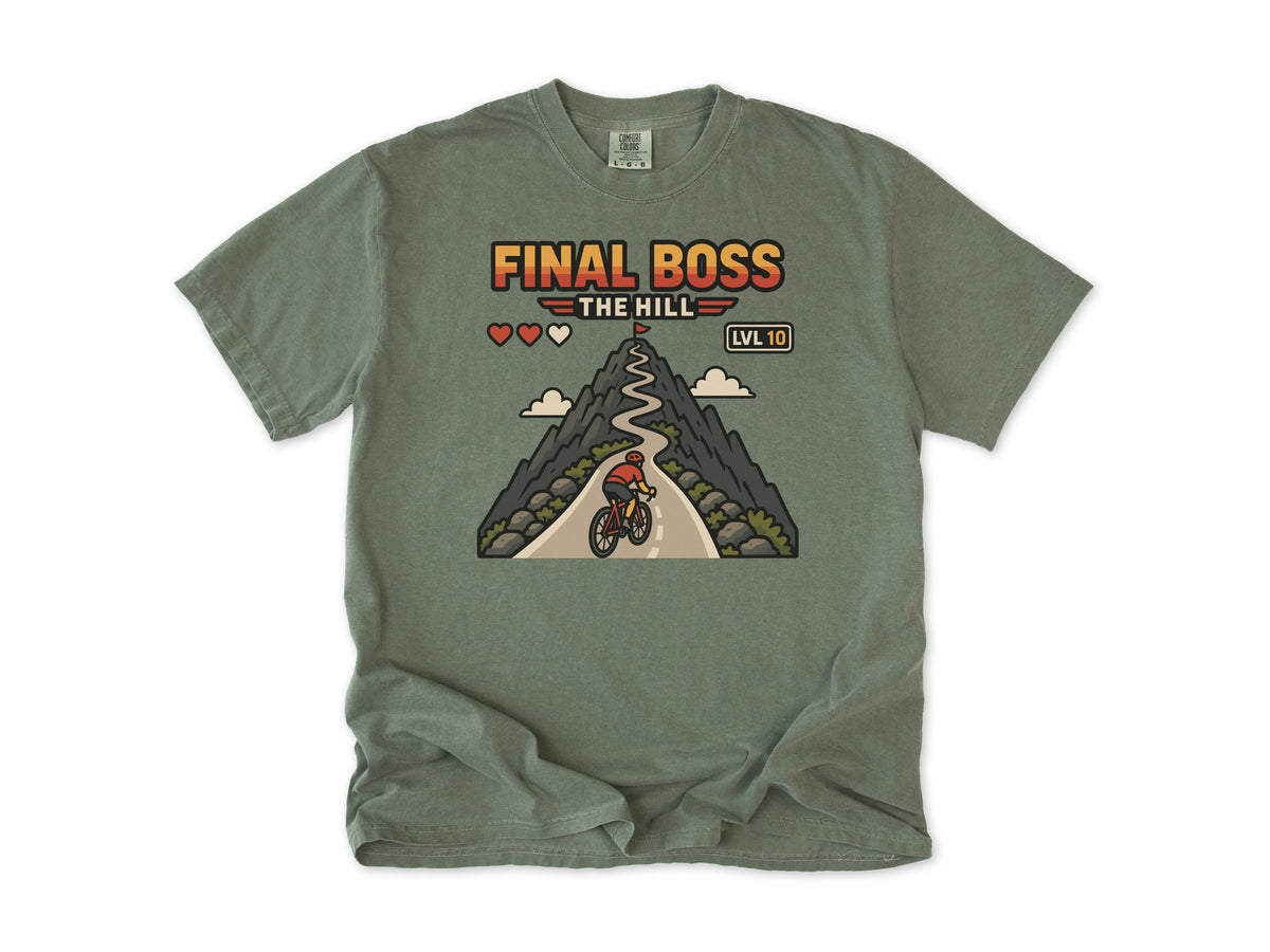 Funny cycling T-shirt in Moss, 'Final Boss: The Hill', a retro video game hill with a cyclist, for hill climbers who game