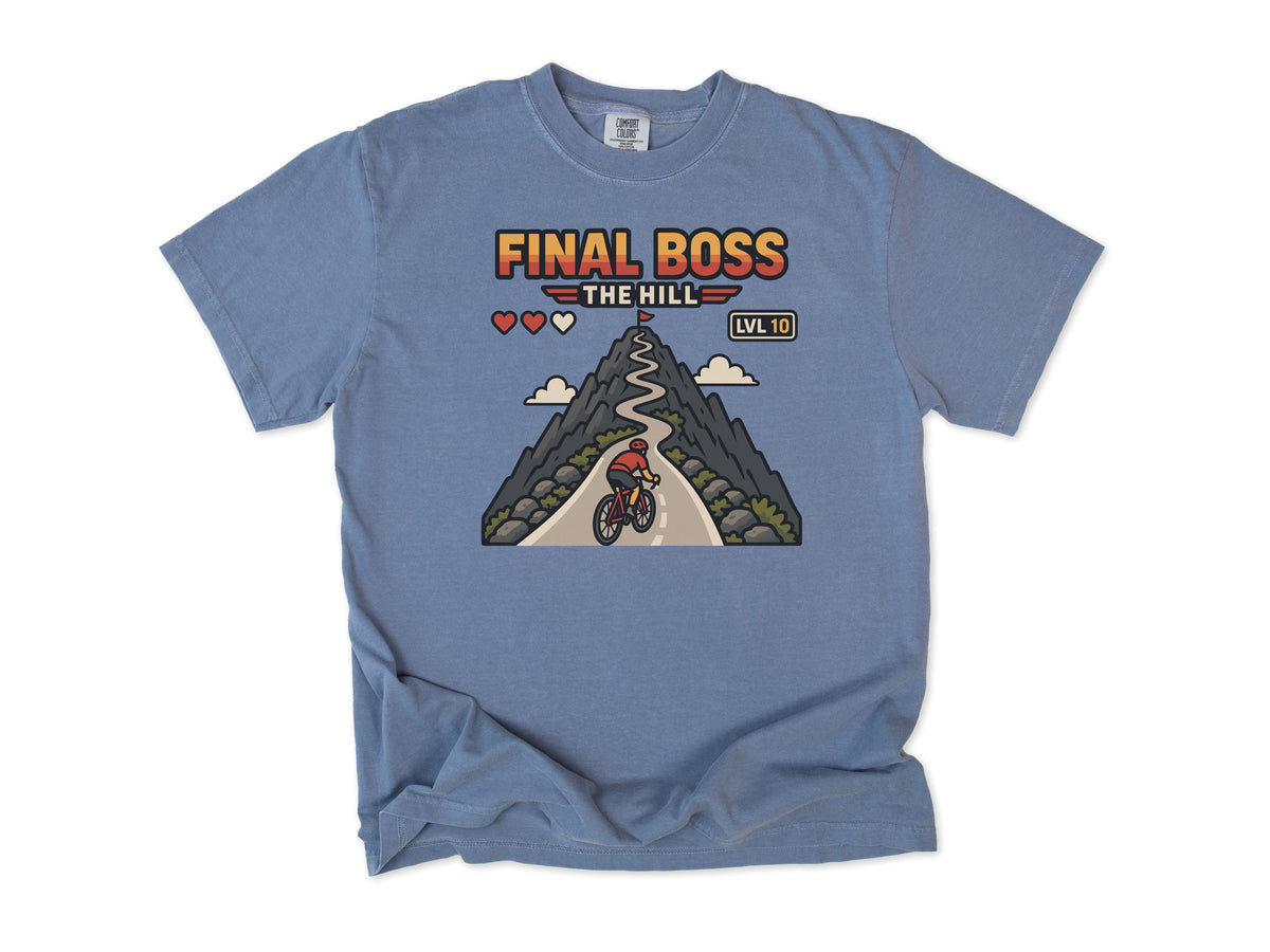 Funny cycling T-shirt in Blue Jean, 'Final Boss: The Hill', a retro video game hill with a cyclist, for hill climbers who game