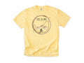 Funny cycling T-shirt in Butter, 'The Climb', a coffee ring with a climbing cyclist, for coffee-loving climbers