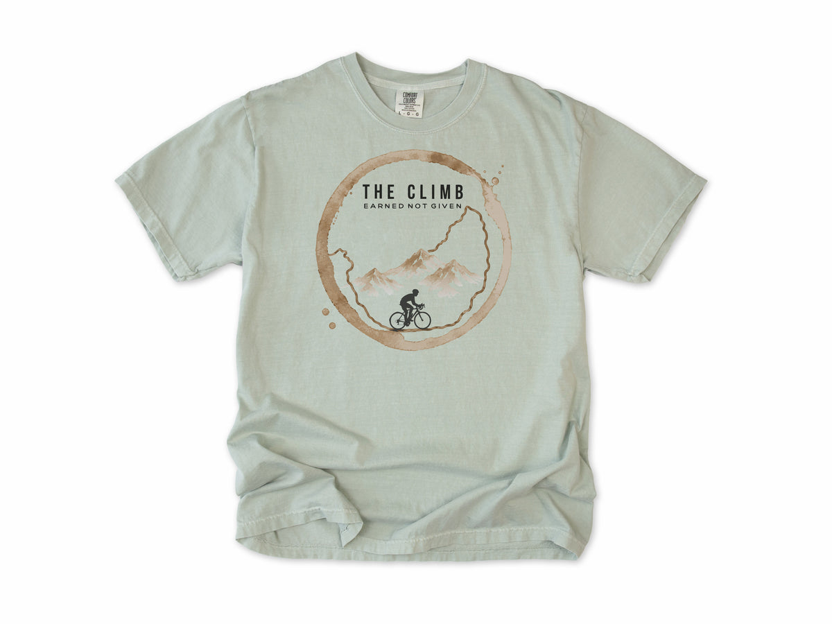 Funny cycling T-shirt in Bay, 'The Climb', a coffee ring with a climbing cyclist, for coffee-loving climbers