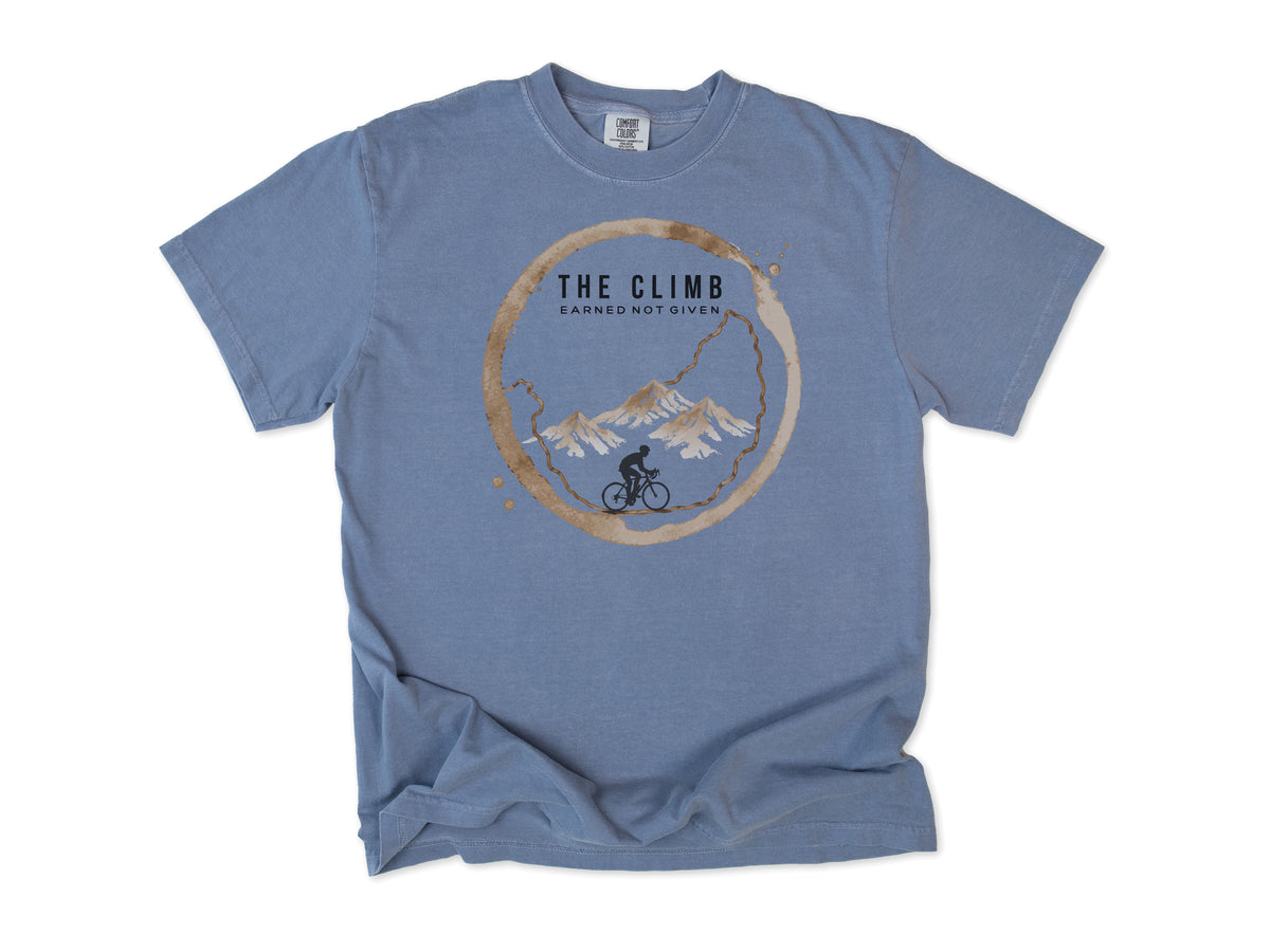 Funny cycling T-shirt in Blue Jean, 'The Climb', a coffee ring with a climbing cyclist, for coffee-loving climbers