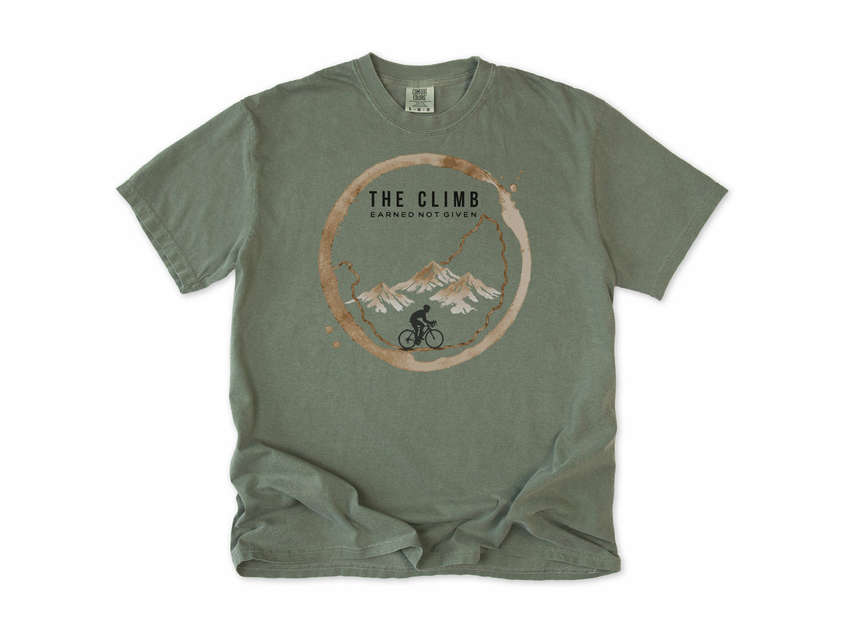Funny cycling T-shirt in Moss, 'The Climb', a coffee ring with a climbing cyclist, for coffee-loving climbers