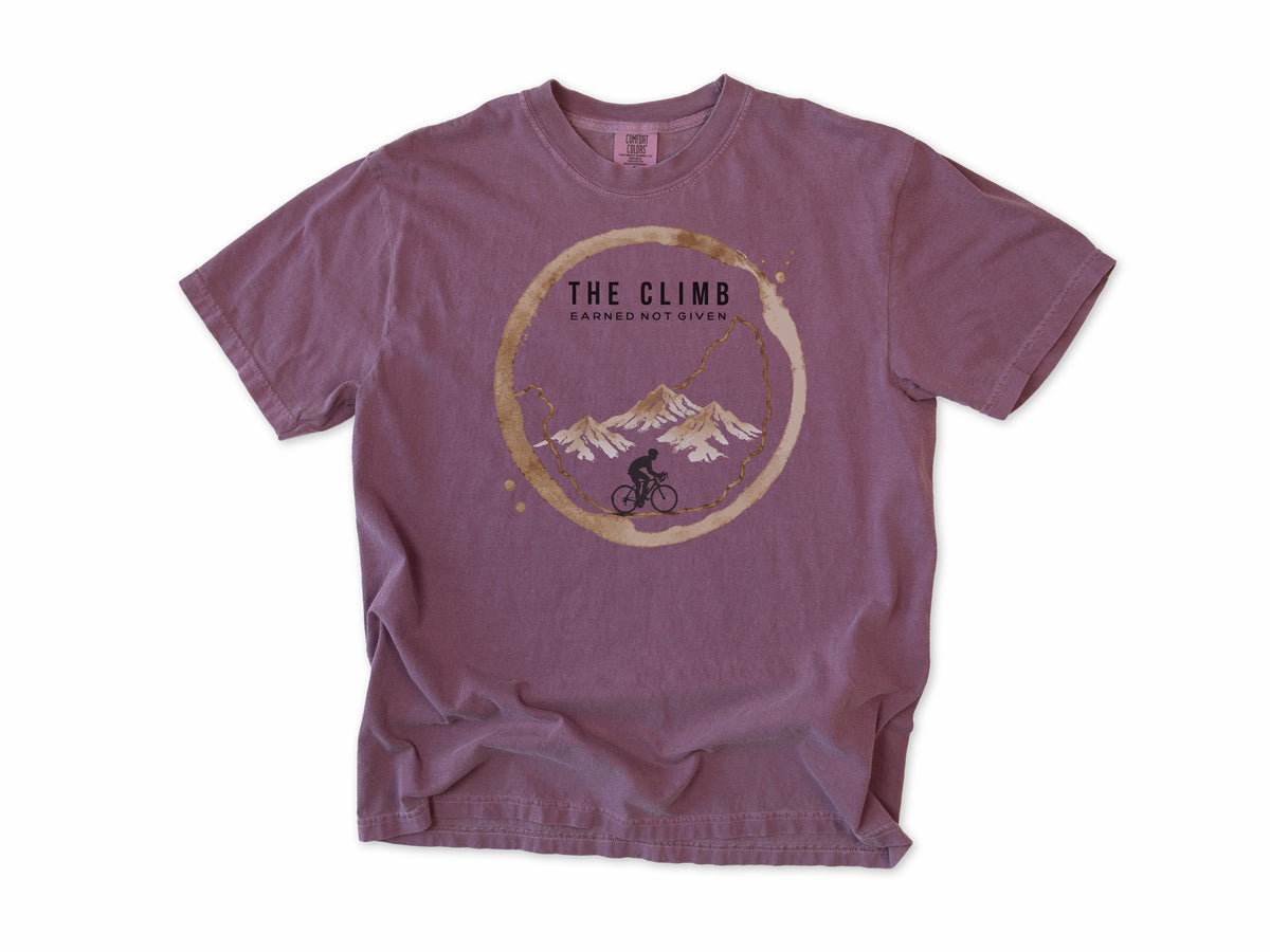 Funny cycling T-shirt in Berry, 'The Climb', a coffee ring with a climbing cyclist, for coffee-loving climbers