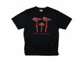 Funny cycling T-shirt in Black, three red toadstools with handlebar stems, 'Fungi to Ride With', for mountain bikers