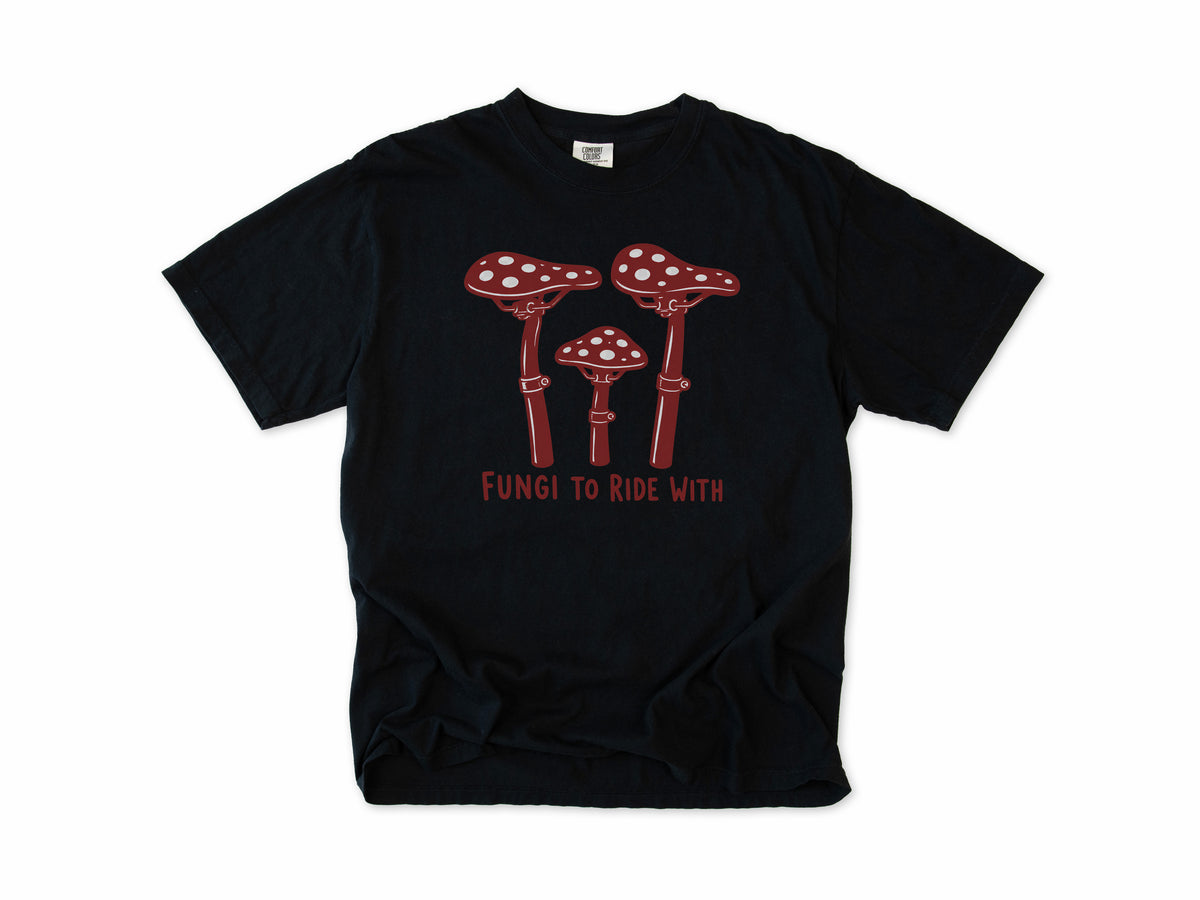 Funny cycling T-shirt in Black, three red toadstools with handlebar stems, 'Fungi to Ride With', for mountain bikers