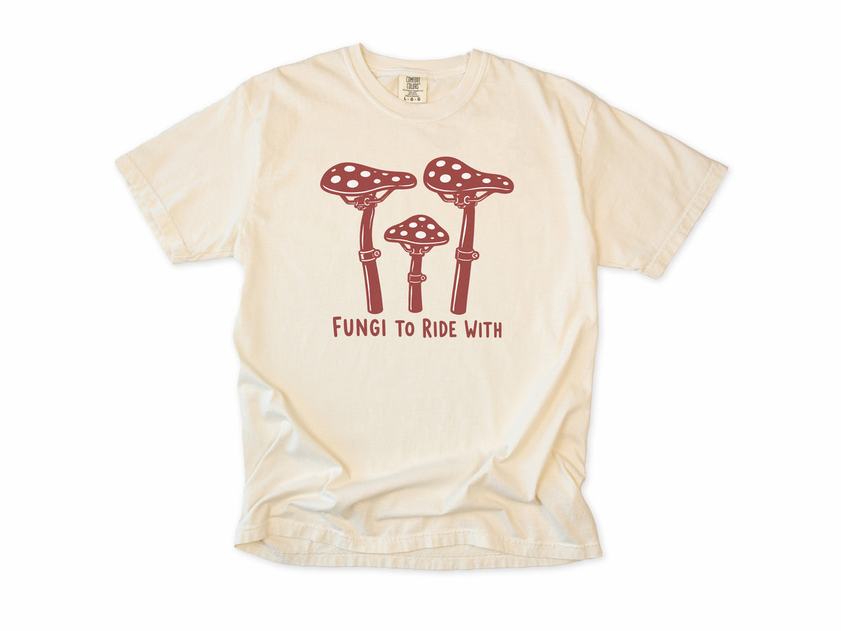 Funny cycling T-shirt in Ivory, three red toadstools with handlebar stems, 'Fungi to Ride With', for mountain bikers
