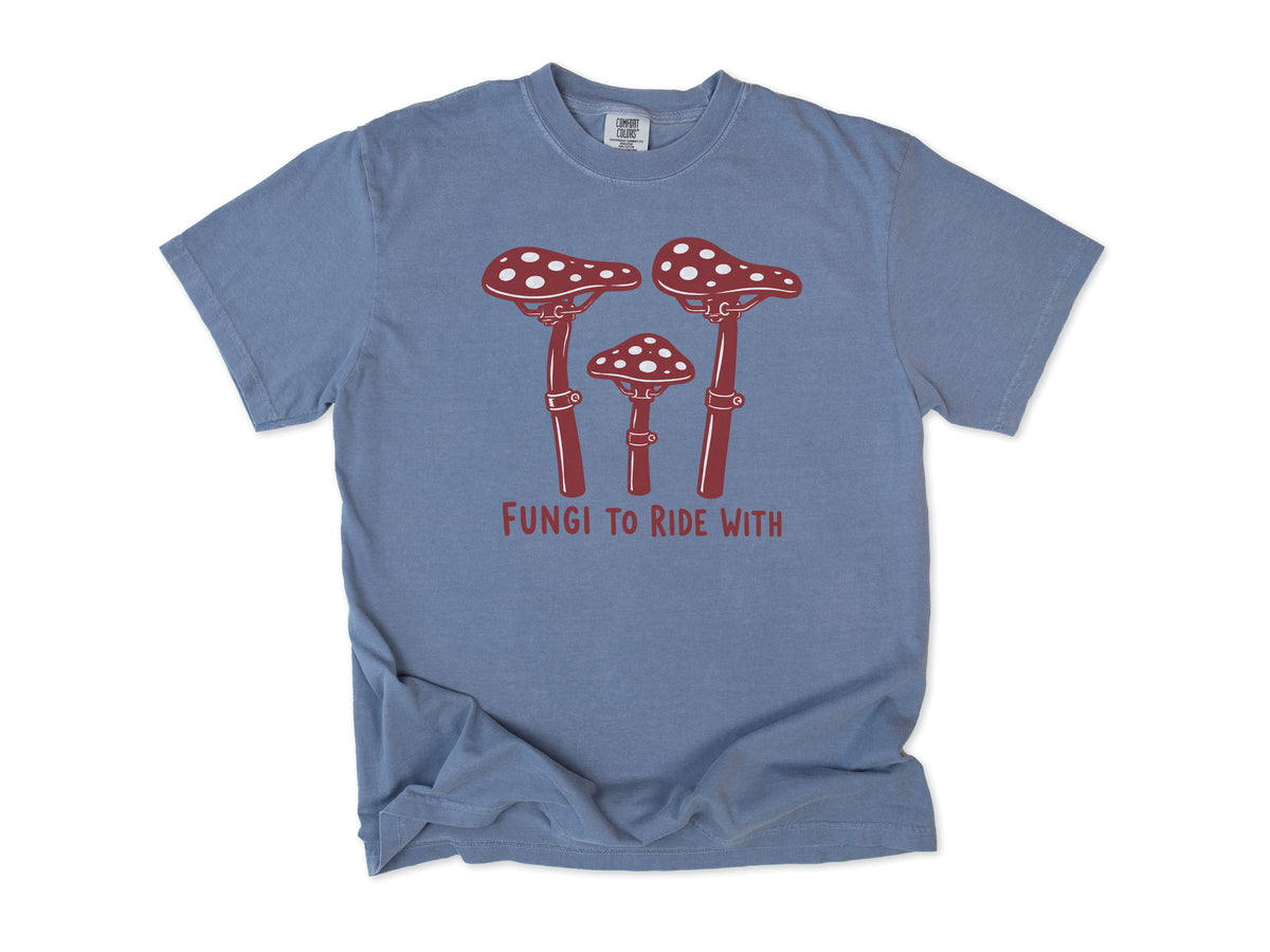 Funny cycling T-shirt in Blue Jean, three red toadstools with handlebar stems, 'Fungi to Ride With', for mountain bikers