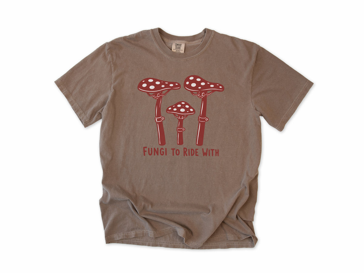 Funny cycling T-shirt in Espresso, three red toadstools with handlebar stems, 'Fungi to Ride With', for mountain bikers