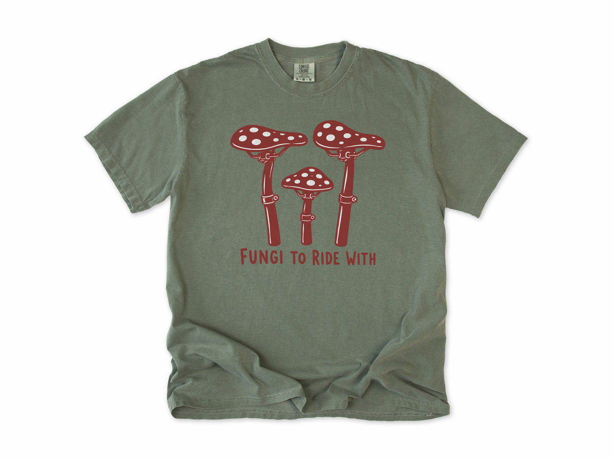 Funny cycling T-shirt in Moss, three red toadstools with handlebar stems, 'Fungi to Ride With', for mountain bikers