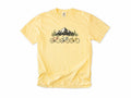 Cycling T-shirt in Butter, three bikes in front of a snowy mountain, for road and mountain bikers