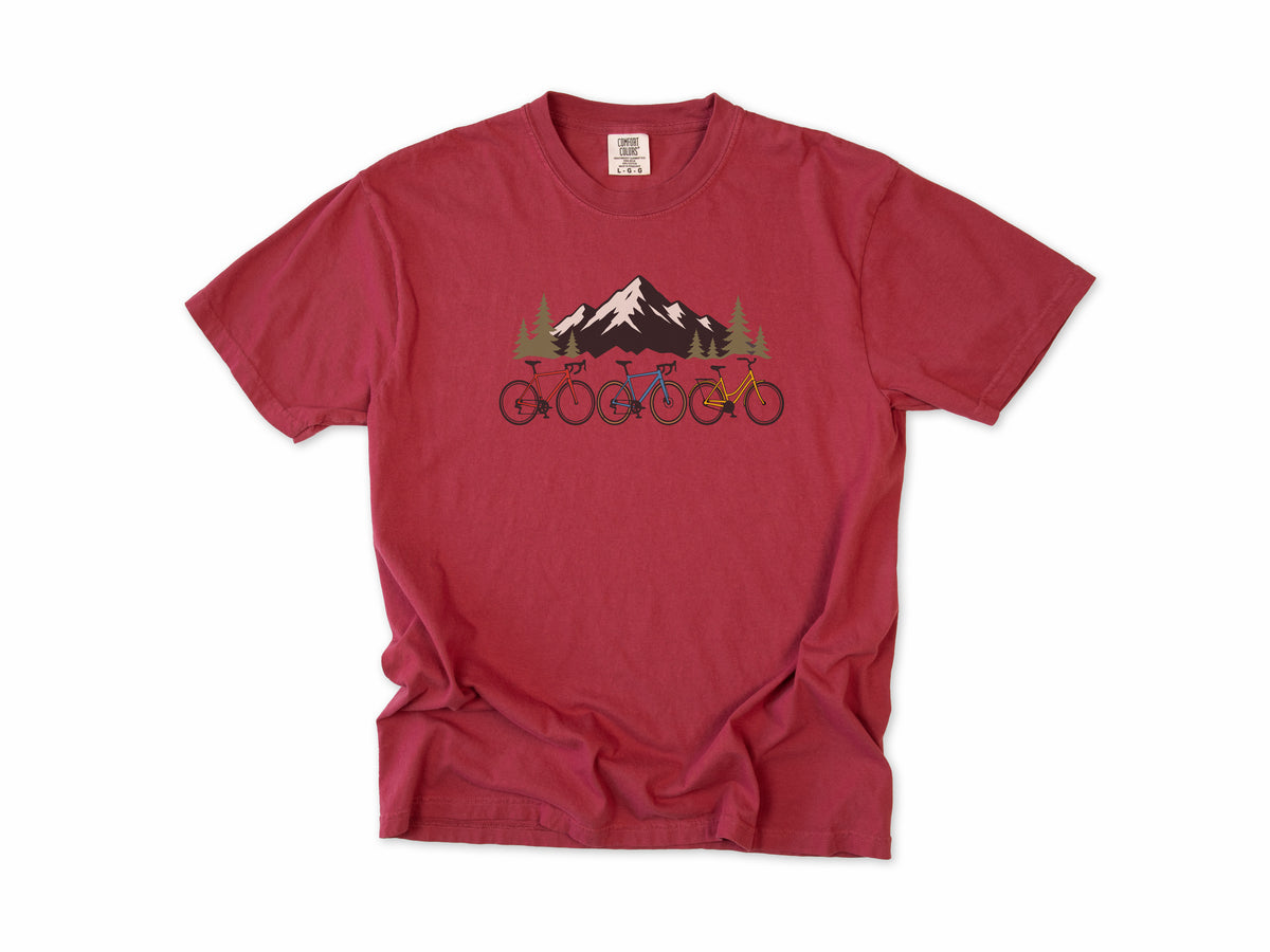 Cycling T-shirt in Chili, three bikes in front of a snowy mountain, for road and mountain bikers