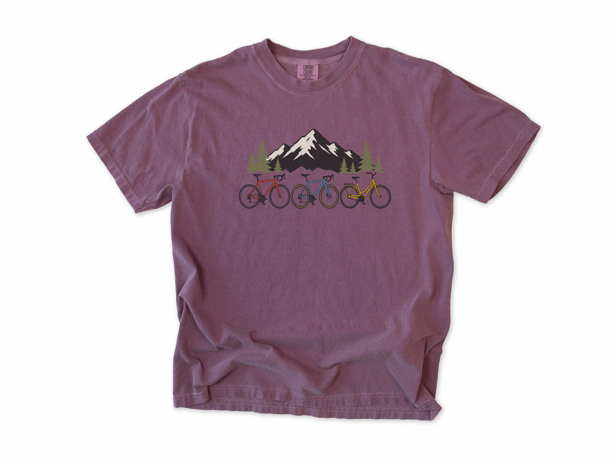 Cycling T-shirt in Berry, three bikes in front of a snowy mountain, for road and mountain bikers
