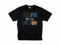 Funny cycling T-shirt in Black, 'Fan On, Fun Off' with a bike on an indoor trainer and a fan, for indoor trainer riders