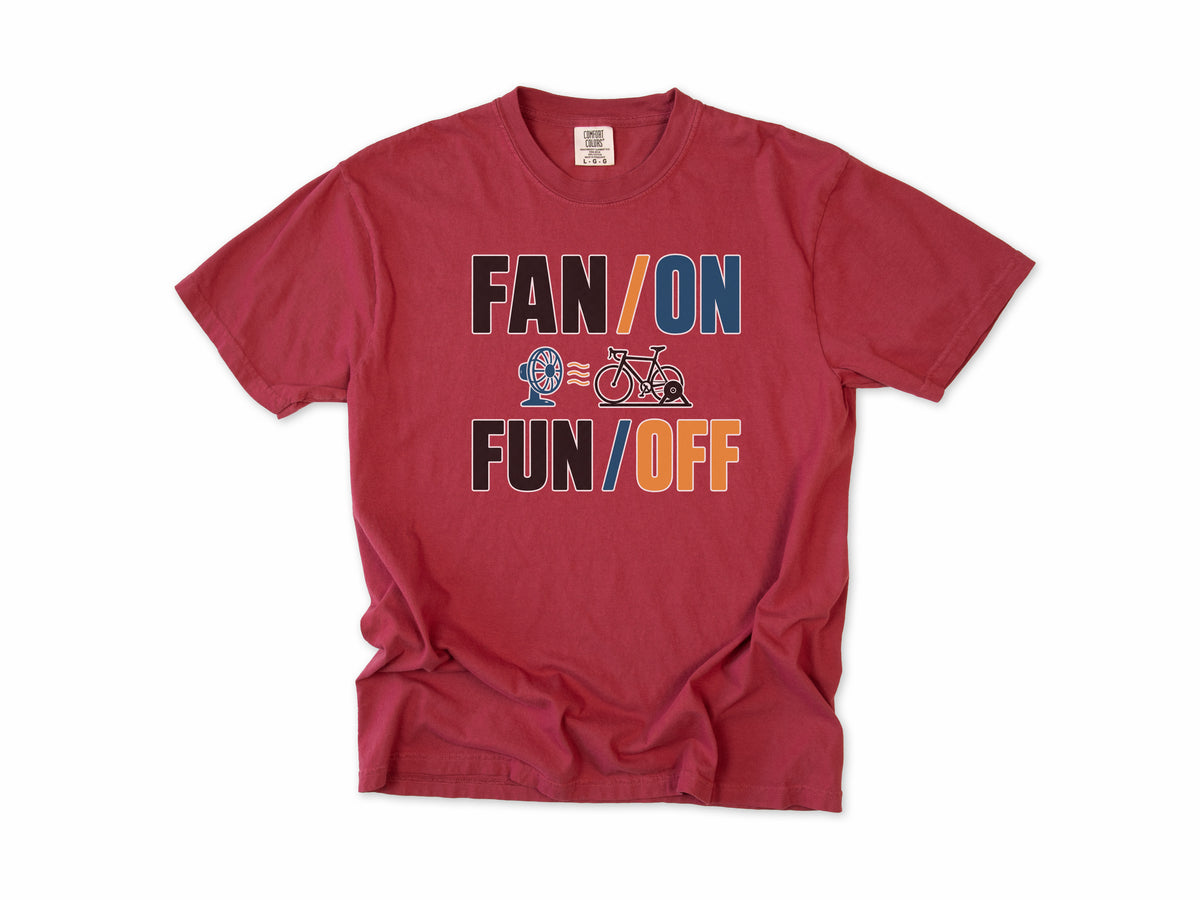 Funny cycling T-shirt in Chili, 'Fan On, Fun Off' with a bike on an indoor trainer and a fan, for indoor trainer riders