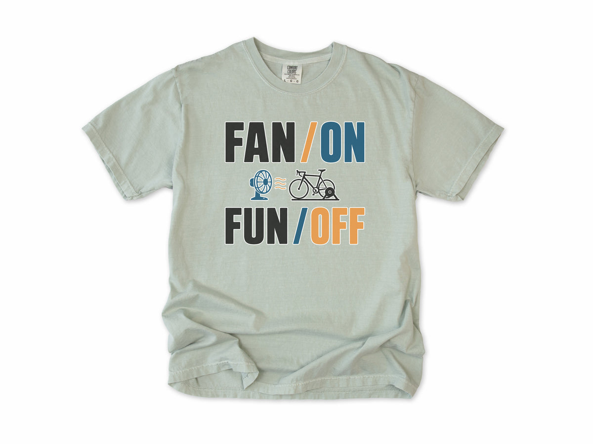 Funny cycling T-shirt in Bay, 'Fan On, Fun Off' with a bike on an indoor trainer and a fan, for indoor trainer riders