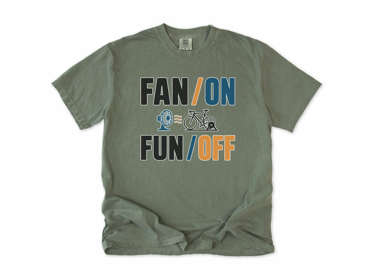 Funny cycling T-shirt in Moss, 'Fan On, Fun Off' with a bike on an indoor trainer and a fan, for indoor trainer riders
