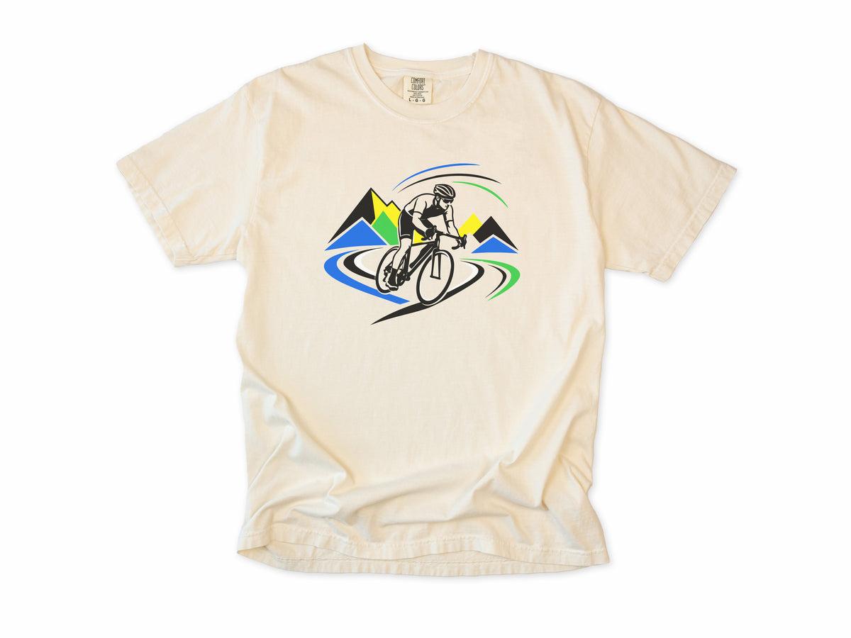 Cycling T-shirt in Bay, a road racer on a winding road past bright mountains, for road racing fans