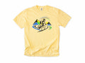 Cycling T-shirt in Butter, a road racer on a winding road past bright mountains, for road racing fans