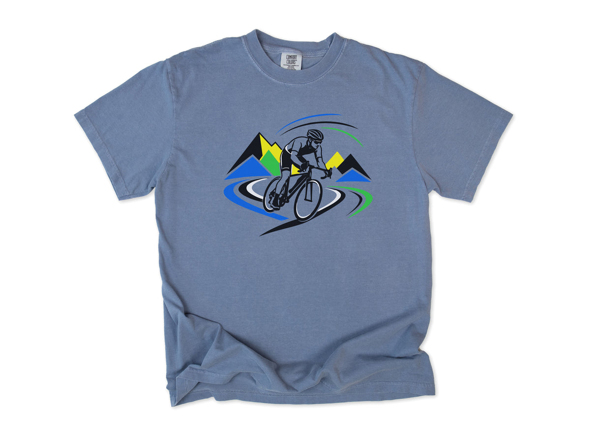 Cycling T-shirt in Blue Jean, a road racer on a winding road past bright mountains, for road racing fans