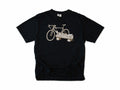 Funny cycling T-shirt in Black, a bike propped on a log with a drink, for gravel and trail riders