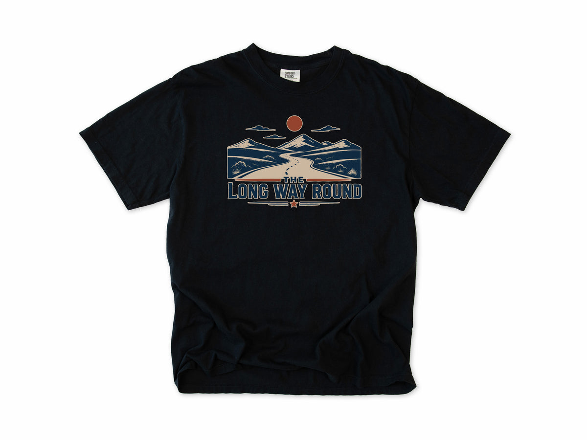 Cycling T-shirt in Black, 'The Long Way Round' with a winding road through mountains, for touring and gravel cyclists