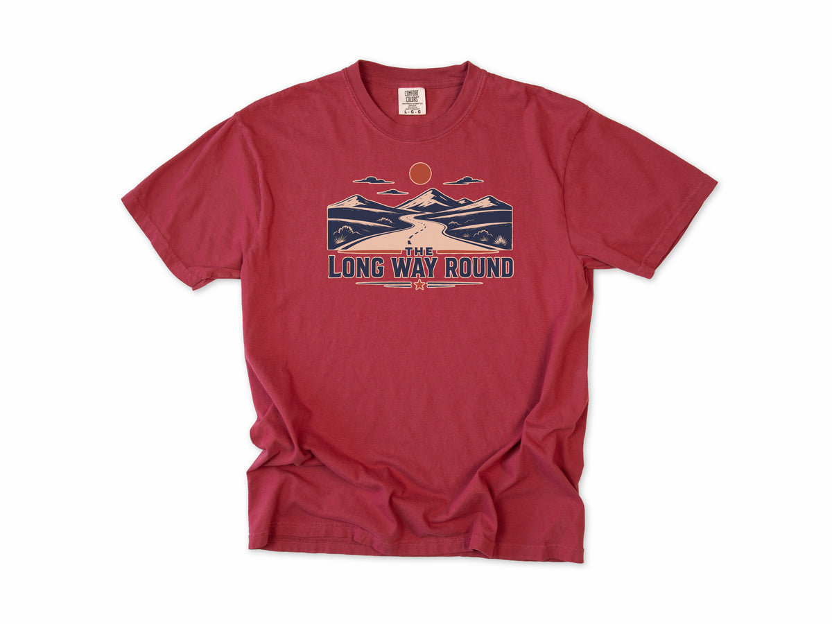 Cycling T-shirt in Chili, 'The Long Way Round' with a winding road through mountains, for touring and gravel cyclists