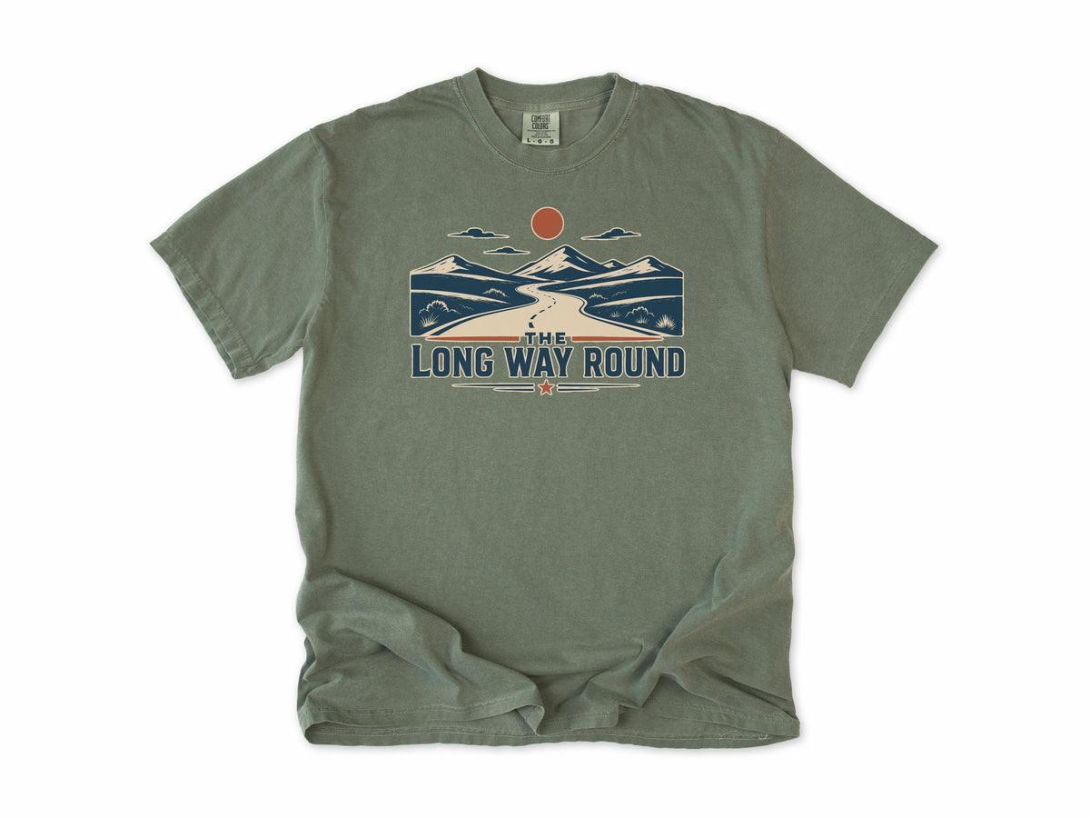 Cycling T-shirt in Moss, 'The Long Way Round' with a winding road through mountains, for touring and gravel cyclists