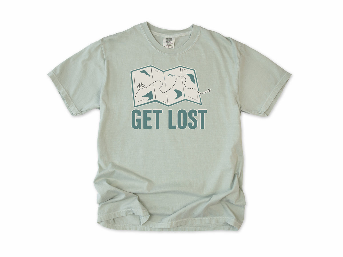 Cycling T-shirt in Bay, a folded map with a dotted bike route, 'Get Lost', for gravel and touring riders