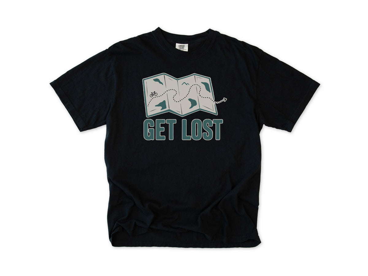 Cycling T-shirt in Black, a folded map with a dotted bike route, 'Get Lost', for gravel and touring riders