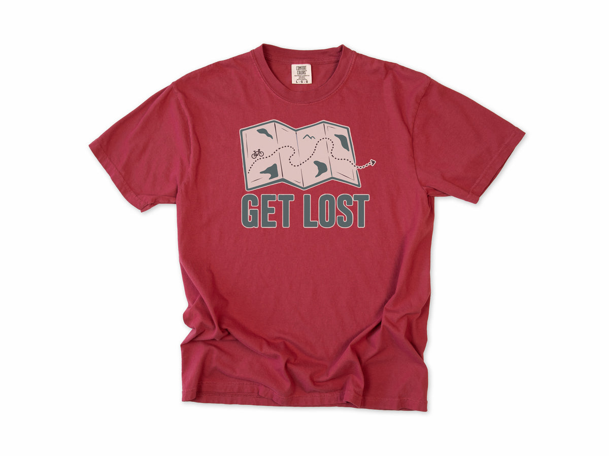 Cycling T-shirt in Chili, a folded map with a dotted bike route, 'Get Lost', for gravel and touring riders