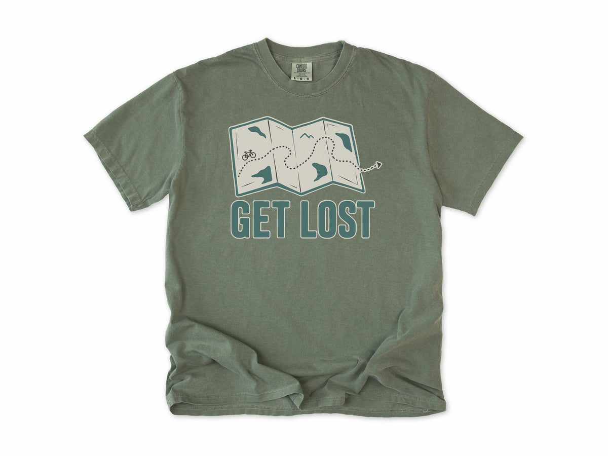 Cycling T-shirt in Moss, a folded map with a dotted bike route, 'Get Lost', for gravel and touring riders