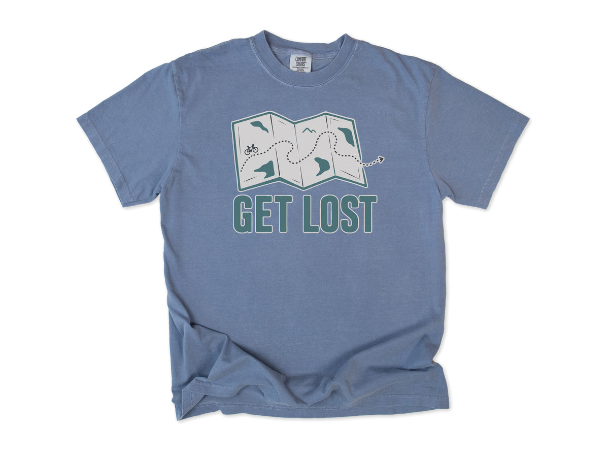 Cycling T-shirt in Blue Jean, a folded map with a dotted bike route, 'Get Lost', for gravel and touring riders