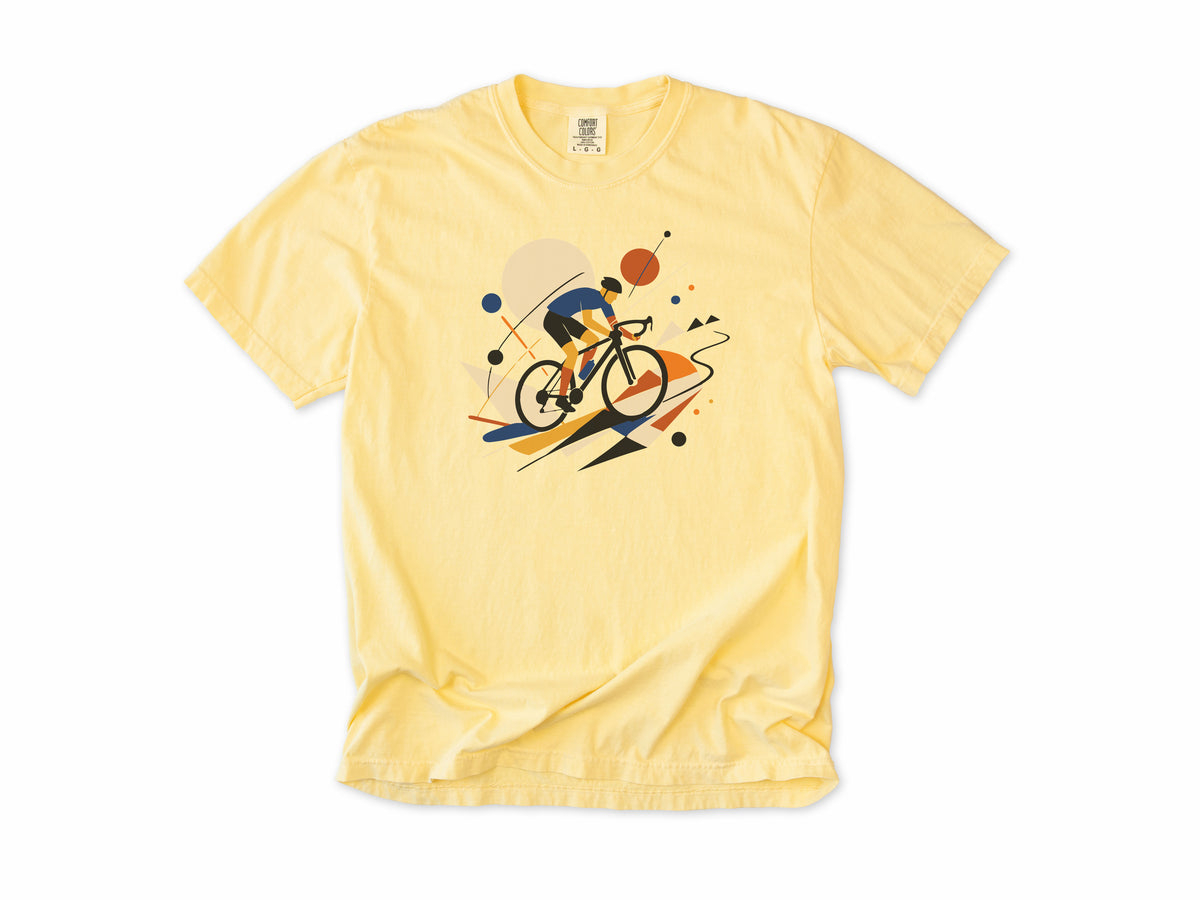 Cycling T-shirt in Butter, an abstract geometric artwork of a road cyclist, for road cyclists and art lovers