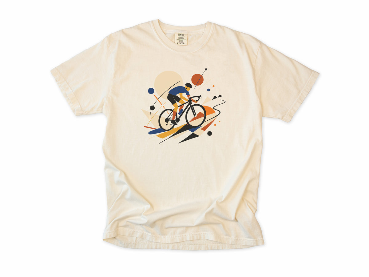 Cycling T-shirt in Ivory, an abstract geometric artwork of a road cyclist, for road cyclists and art lovers