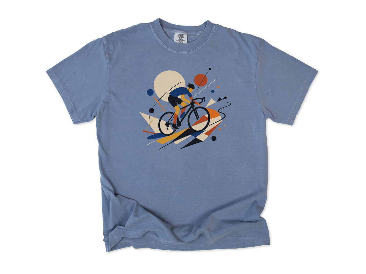 Cycling T-shirt in Blue Jean, an abstract geometric artwork of a road cyclist, for road cyclists and art lovers