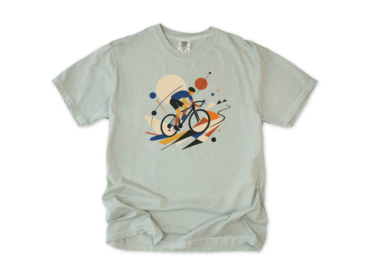 Cycling T-shirt in Bay, an abstract geometric artwork of a road cyclist, for road cyclists and art lovers