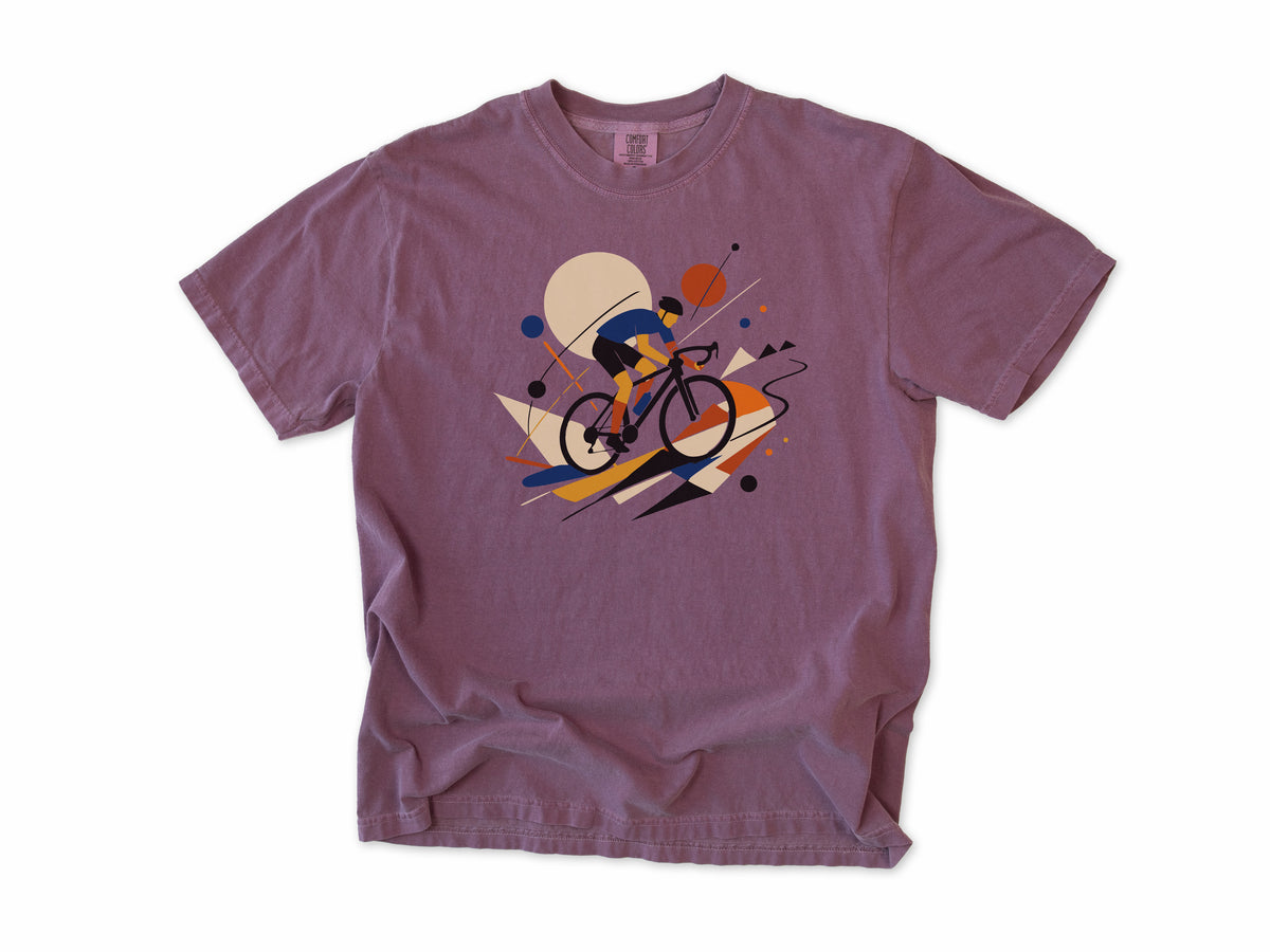 Cycling T-shirt in Berry, an abstract geometric artwork of a road cyclist, for road cyclists and art lovers