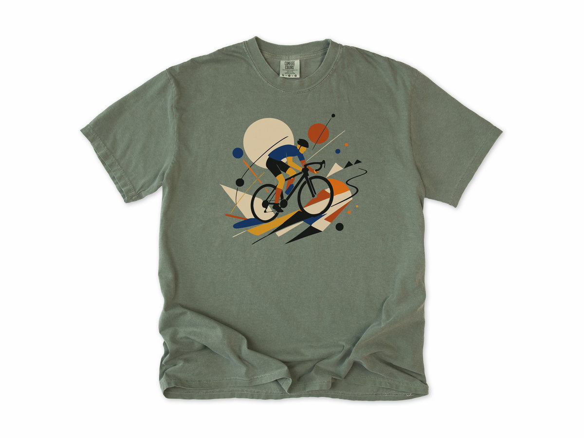 Cycling T-shirt in Moss, an abstract geometric artwork of a road cyclist, for road cyclists and art lovers