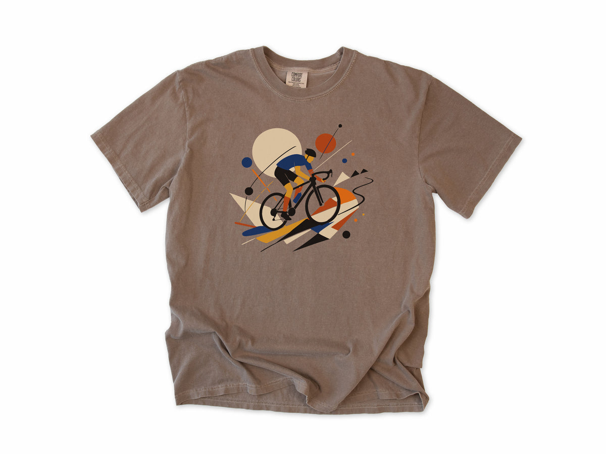 Cycling T-shirt in Espresso, an abstract geometric artwork of a road cyclist, for road cyclists and art lovers