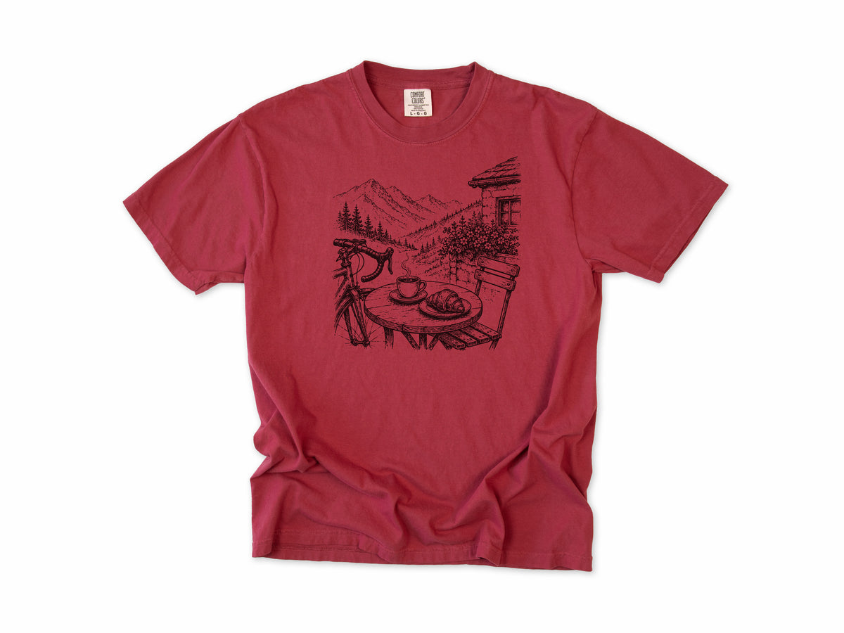 Cycling T-shirt in Chili, a sketch of a cafe table with coffee above an alpine valley, for cafe stop riders