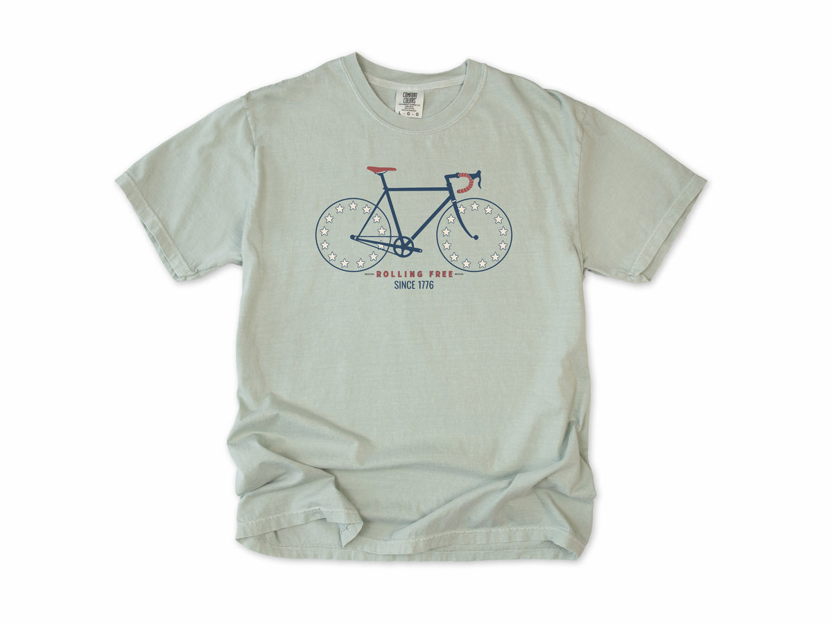 Cycling T-shirt in Bay, Betsy Ross Bike: a road bike with star wheels, 'Rolling Free', America 250 and 4th of July gift for cyclists