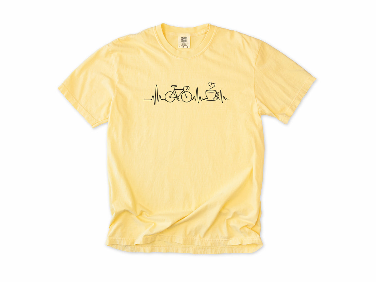 Cycling T-shirt in Butter, a heartbeat line linking a bike and a coffee cup, for coffee-loving cyclists