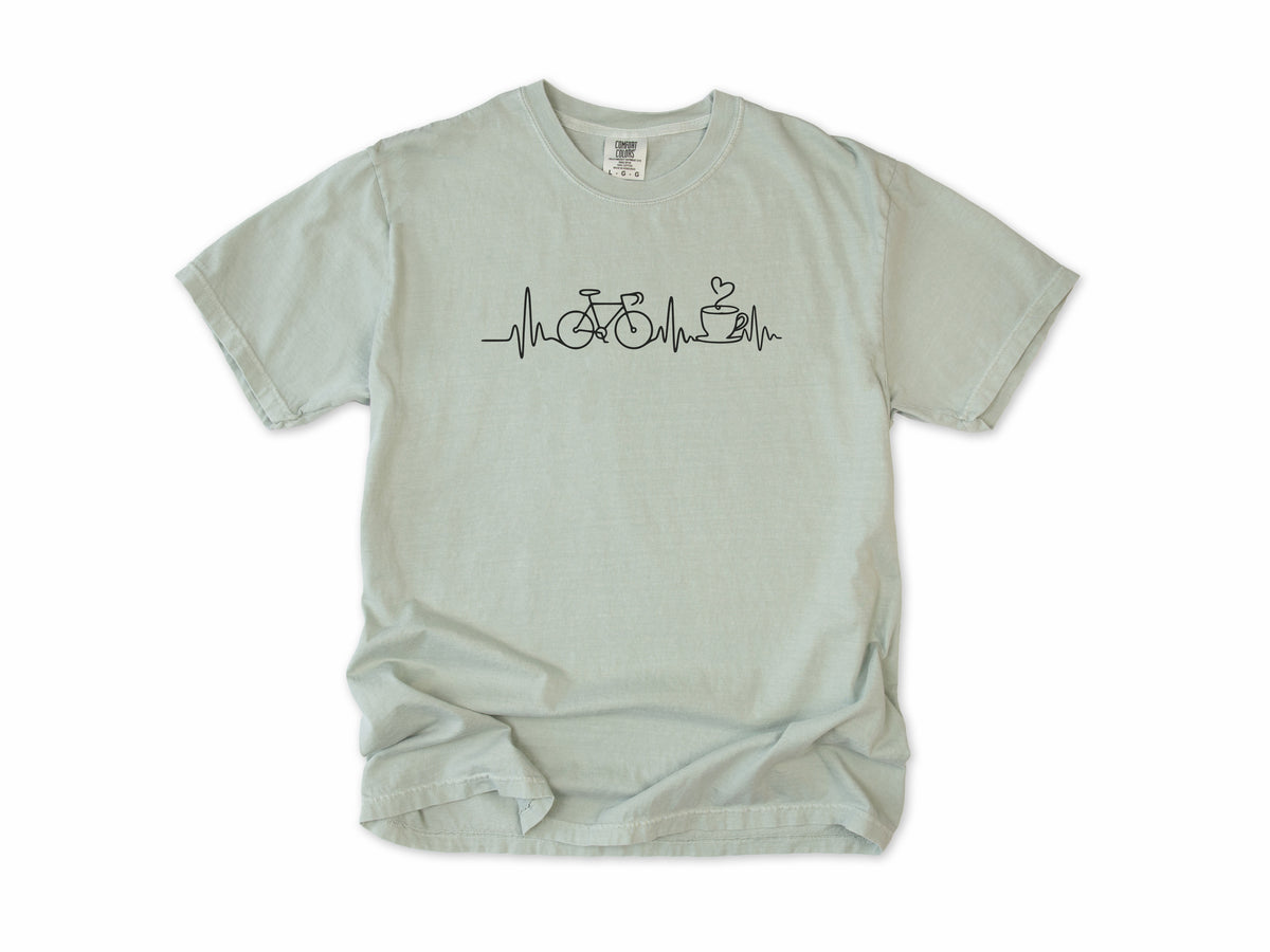 Cycling T-shirt in Bay, a heartbeat line linking a bike and a coffee cup, for coffee-loving cyclists