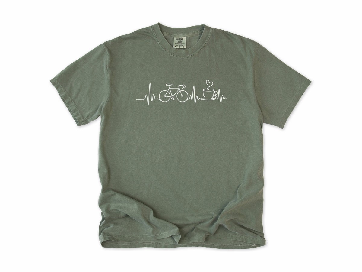 Cycling T-shirt in Moss, a heartbeat line linking a bike and a coffee cup, for coffee-loving cyclists