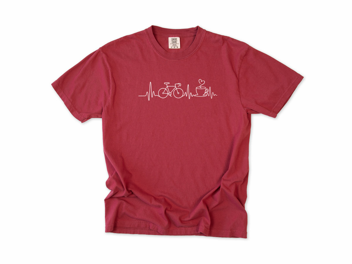 Cycling T-shirt in Chili, a heartbeat line linking a bike and a coffee cup, for coffee-loving cyclists