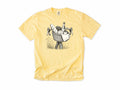 Cycling T-shirt in Butter, a bike basket with a baguette, cheese and wine, line drawing, for leisure and cafe cyclists