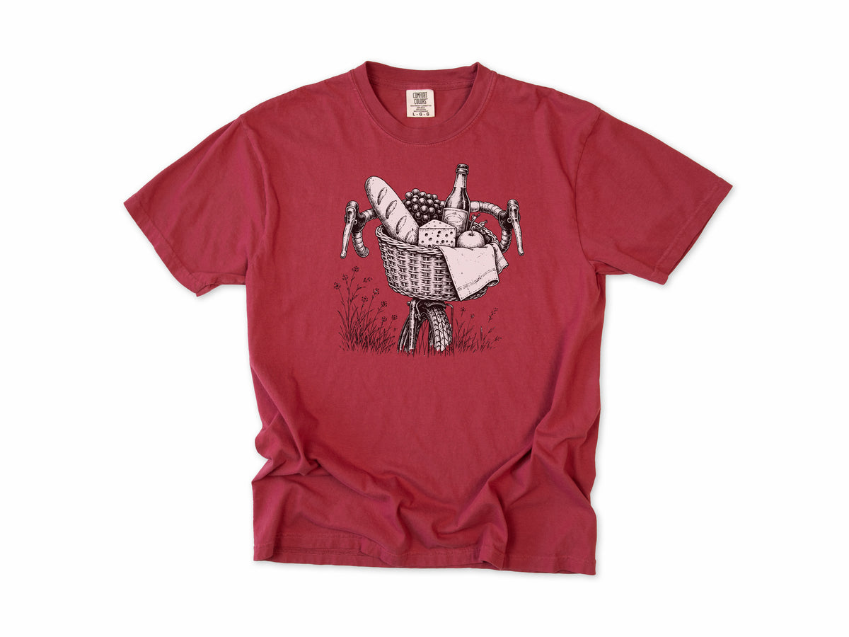 Cycling T-shirt in Chili, a bike basket with a baguette, cheese and wine, line drawing, for leisure and cafe cyclists