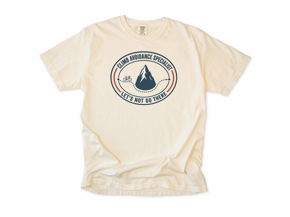 Funny cycling T-shirt in Ivory, 'Climb Avoidance Specialist', a route around a mountain, for cyclists who avoid hills