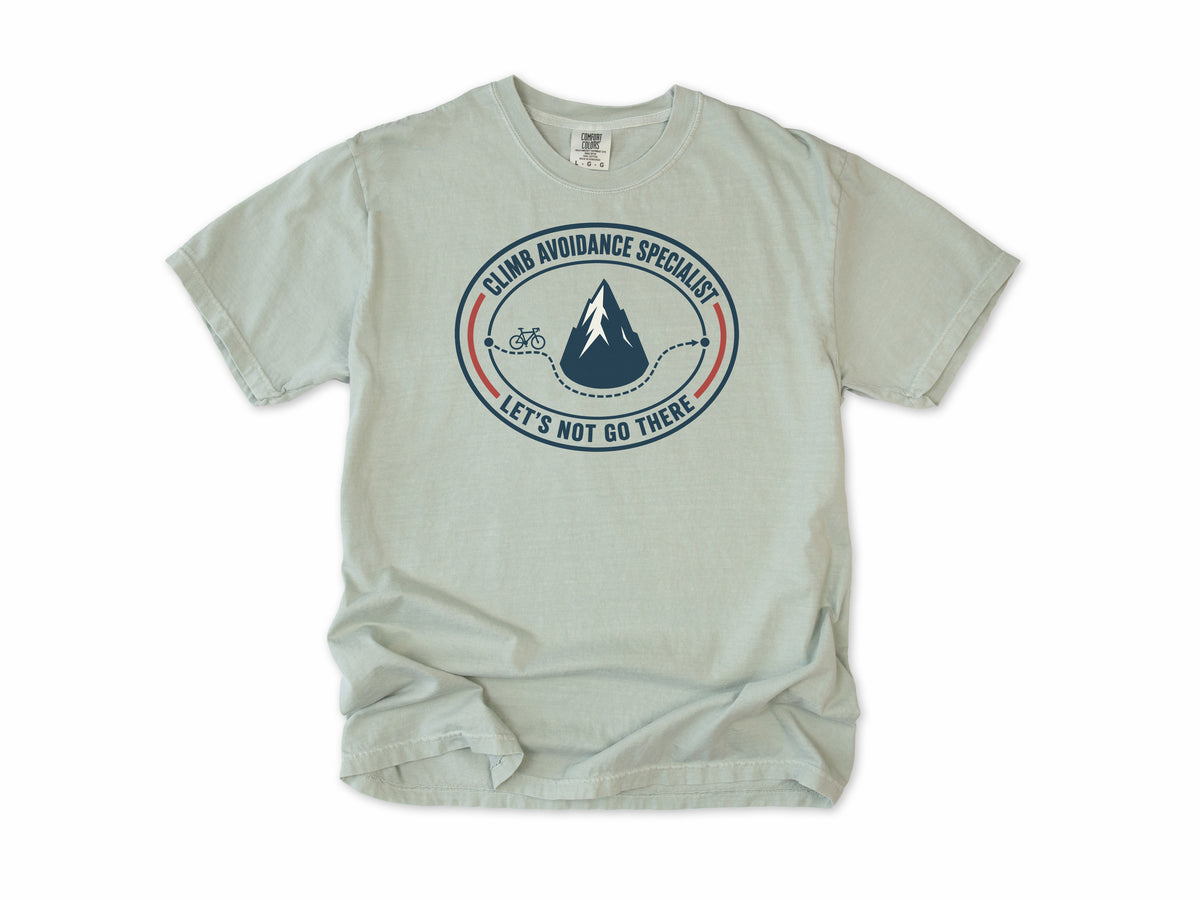 Funny cycling T-shirt in Bay, 'Climb Avoidance Specialist', a route around a mountain, for cyclists who avoid hills