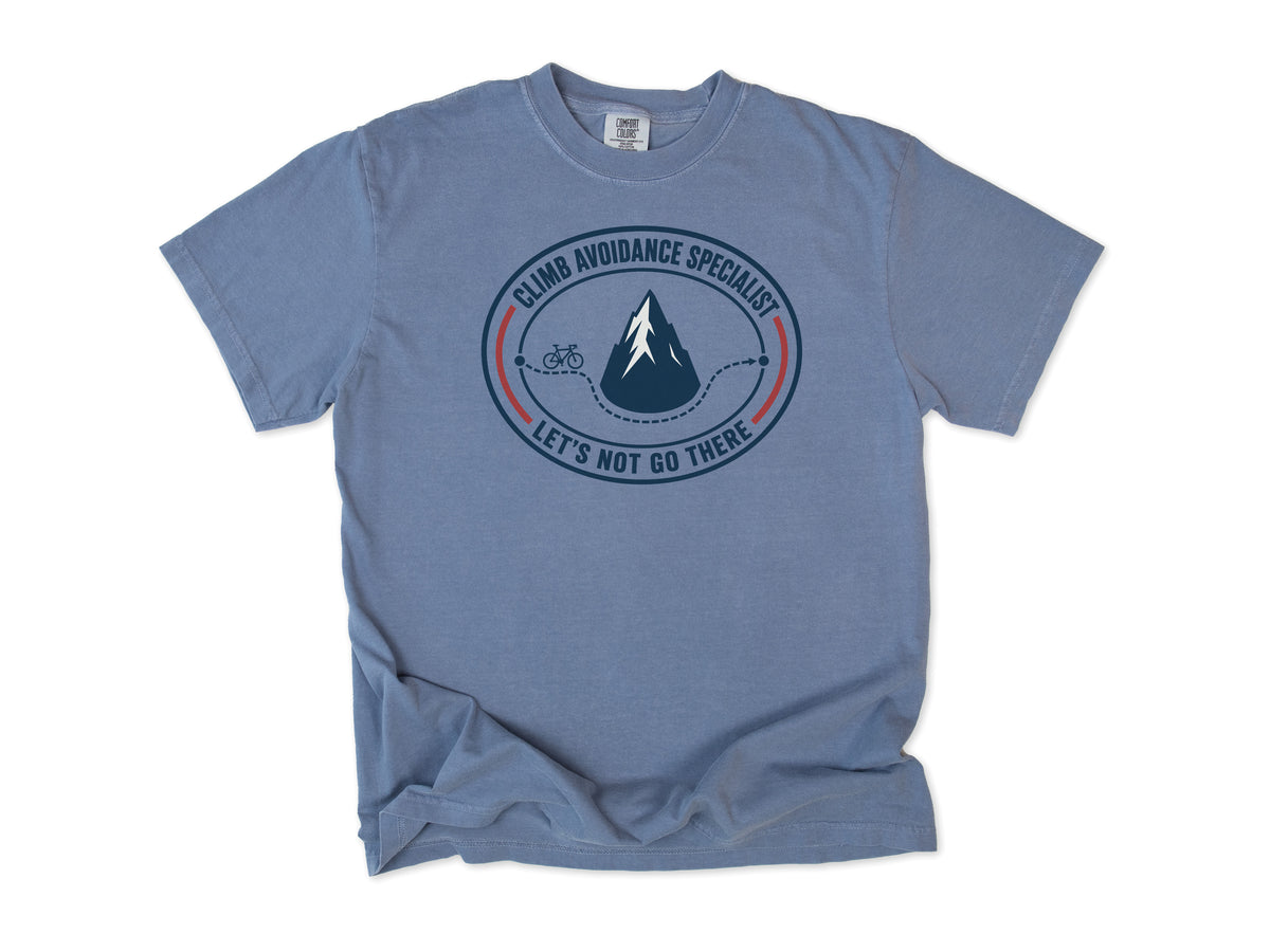 Funny cycling T-shirt in Blue Jean, 'Climb Avoidance Specialist', a route around a mountain, for cyclists who avoid hills